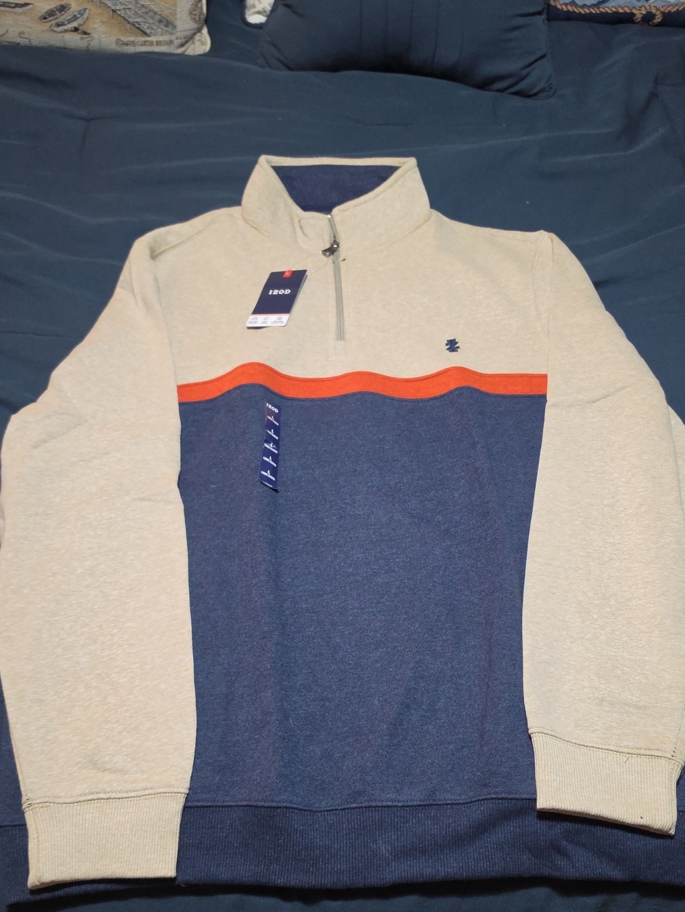 NWT-Izod Men’s Navy & Beige Quarter-Zip Sweater with Orange Stripe